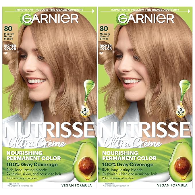 Garnier Hair Color Nutrisse Nourishing Creme, 80 Medium Natural Blonde (Butternut) Permanent Hair Dye, 2 Count (Packaging May Vary)