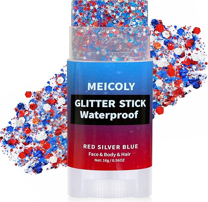 MEICOLY Red White and Blue Face Body Glitter Stick,Hair Glitter Stick for Women,Sparkle Patriotic Pride Chunky Glitter Makeup for Memorial Day,4th of July Accessories Outfits for Women