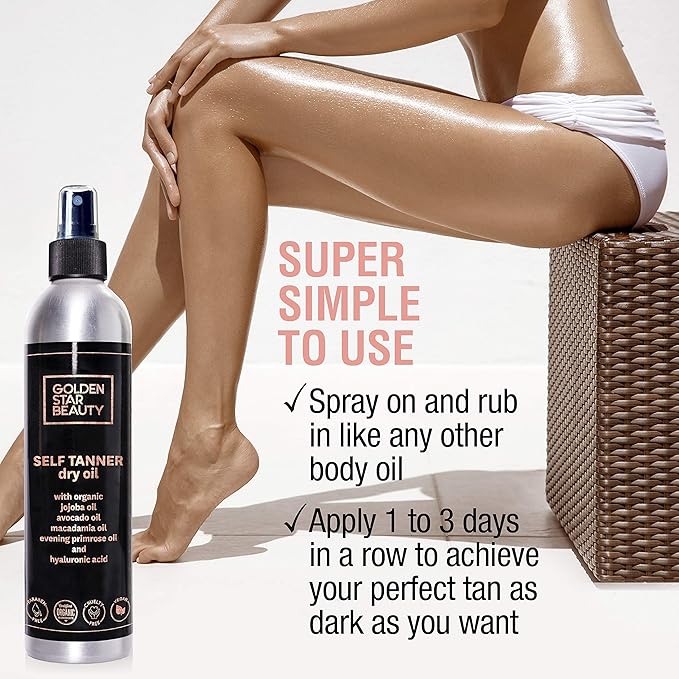 Self Tanner Oil - Natural Sunless Tanning Spray w/Hyaluronic Acid and Organic Oils, Clear Gradual Fake Tan Sprayer for Perfect Golden Glow 8.0 fl.oz