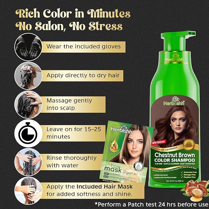 Herbishh Hair Color Shampoo for Gray Hair – Natural Hair Dye Shampoo – Colors Hair in Minutes – Lasts Up To 3-4 Weeks – 500 Ml – 3-In-1 Hair Color – Ammonia-Free | Herbishh (Chestnut Brown)
