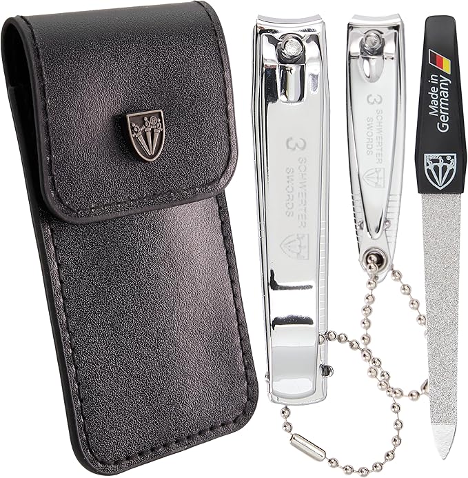 3 Swords Germany – Brand Quality fingernail & toenail Clipper, Manicure, Pedicure Nail Care by with Metal Nail File and case, Silver Color Edition
