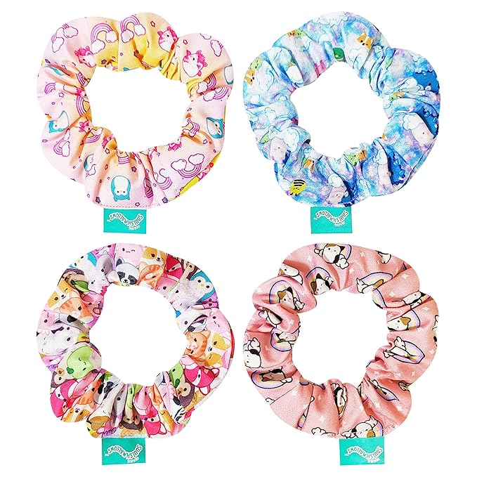LUV HER Squishmallows Cute Scrunchies for Girls - 4 Large Printed Hair Scrunchies with Your Favorite Characters, Ages 8+
