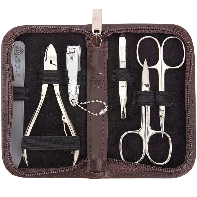 3 Swords Germany - brand quality 6 piece manicure pedicure grooming kit set for professional finger & toe nail care scissors clipper genuine leather case in gift box, Made in Solingen Germany (03652)