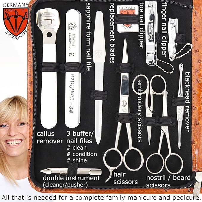 3 Swords Germany - Brand Quality 23 Piece Manicure Pedicure Grooming kit Set for Professional Finger & Toe Nail Care Tweezers File Clipper Fashion Leather case in Gift Box, Made by 3 Swords (7452)
