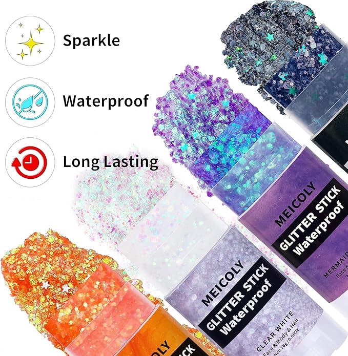 MEICOLY Orange Face Body Glitter Stick,Hair Glitter Stick for Women,Sparkle Chunky Glitter Makeup,Waterproof Face Glitter for Party Rave Festival