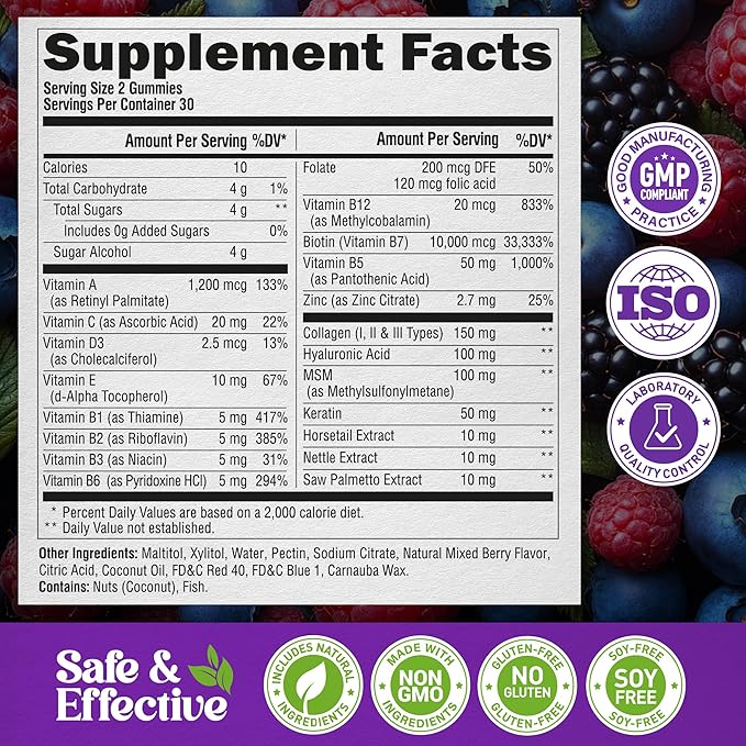 Biotin Gummies with Collagen - Hair Growth Support Skin, & Nail Strength - for Women & Men - Biotin 10000mcg | Keratin | Hyaluronic Acid | B-Complex | Saw Palmetto - Sugar-Free, Mixed Berry, Pack of 2