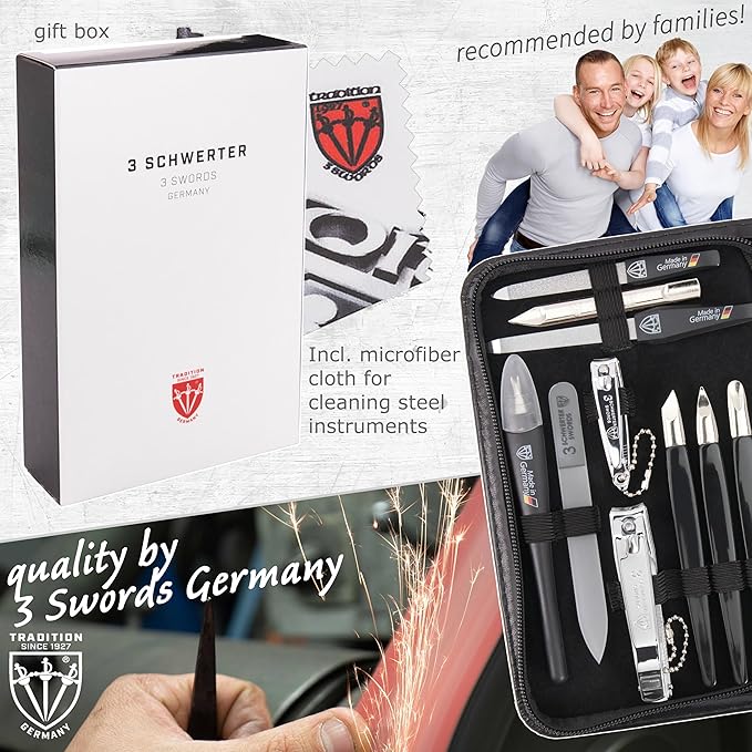 3 Swords Germany - brand quality 16 piece manicure pedicure grooming kit set for professional finger & toe nail care scissors clipper black synthetic leather case, Made in Germany