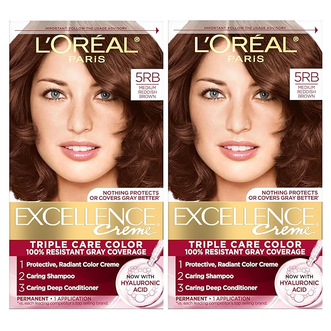 L'Oreal Paris Excellence Crème Permanent Hair Dye, Triple Care Hair Color with Pro-Keratine Complex for 100% Gray Hair Coverage, 5RB Medium Reddish Brown, 1 Kit (Pack of 2)