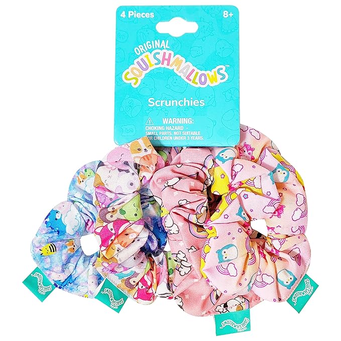 LUV HER Squishmallows Cute Scrunchies for Girls - 4 Large Printed Hair Scrunchies with Your Favorite Characters, Ages 8+