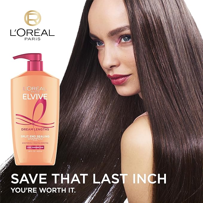 L'Oreal Paris Elvive Dream Lengths Restoring Shampoo With Fine Castor Oil and Vitamins B3 and B5 for Long, Damaged Hair, Visibly Repairs Damage Without Weighdown With System, 28 Fl Ounce