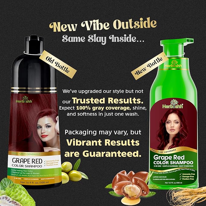 Herbishh Hair Color Shampoo (Grape Red) - Magic Hair Dye for Gray Hair - Ammonia-Free, 3-in-1 Shampoo Conditioner - Lasts 2-3 Weeks, 500 ml