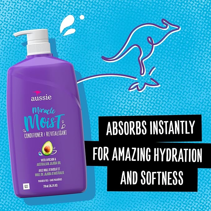 Aussie Miracle Moist with Avocado & Jojoba Oil, Paraben Free Conditioner, 26.2 fl oz (Pack of 2)