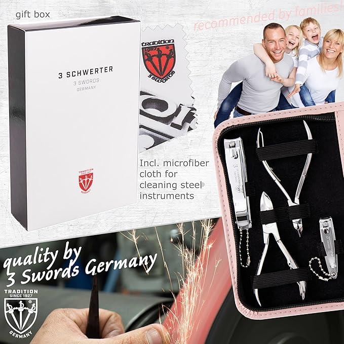 3 Swords Germany - brand quality 10 piece manicure pedicure grooming kit set for nail care scissors clipper pink synthetic leather case - Made by 3 Swords