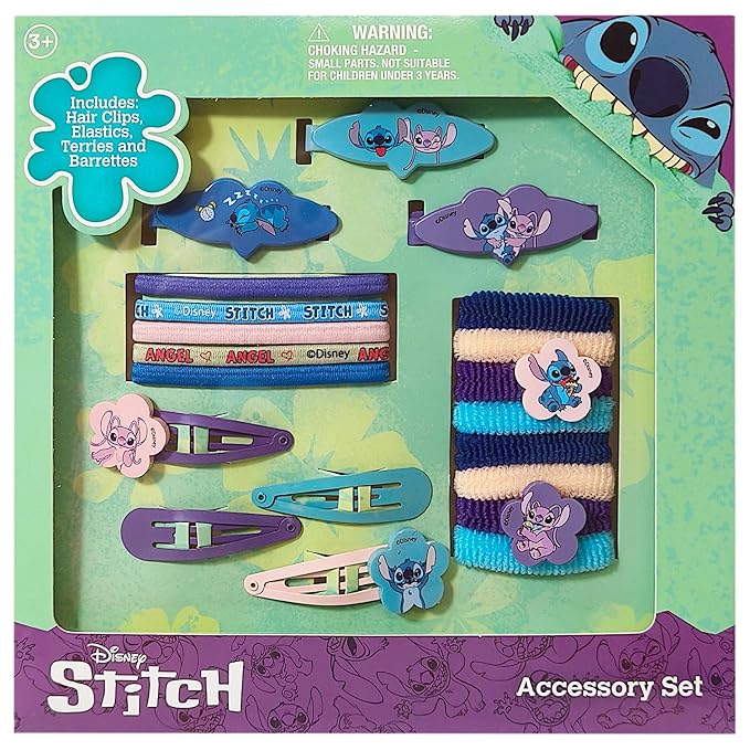 LUV HER Disney Lilo & Stitch Girls' Hair Accessories Set - 20 Pack Stitch - Includes 3 Barrettes, 4 Snap Clips, 5 Elastics, 8 Terry Ponies - Everyday Wear, Special Occasions, Ages 3+