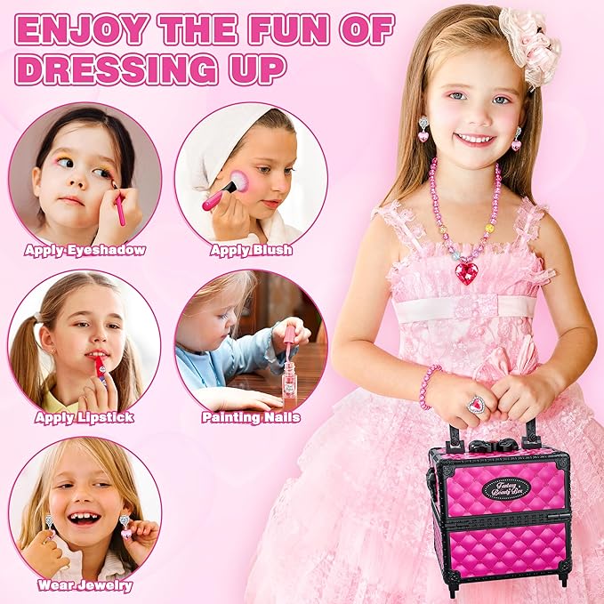 99 Pcs Kids Makeup Kit for Girls, Princess Toys Real Washable Cosmetics Set with Mirror, Hair Ties, Nails, Rings, Earrings, Necklace, Perfect for 3 4 5 6 7 8 Year Old Girls Birthday