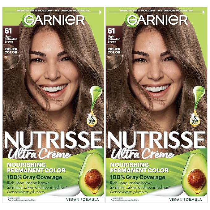Garnier Hair Color Nutrisse Nourishing Creme, 61 Light Extra Ash Brown (Mochaccino) Permanent Hair Dye, 2 Count (Packaging May Vary)