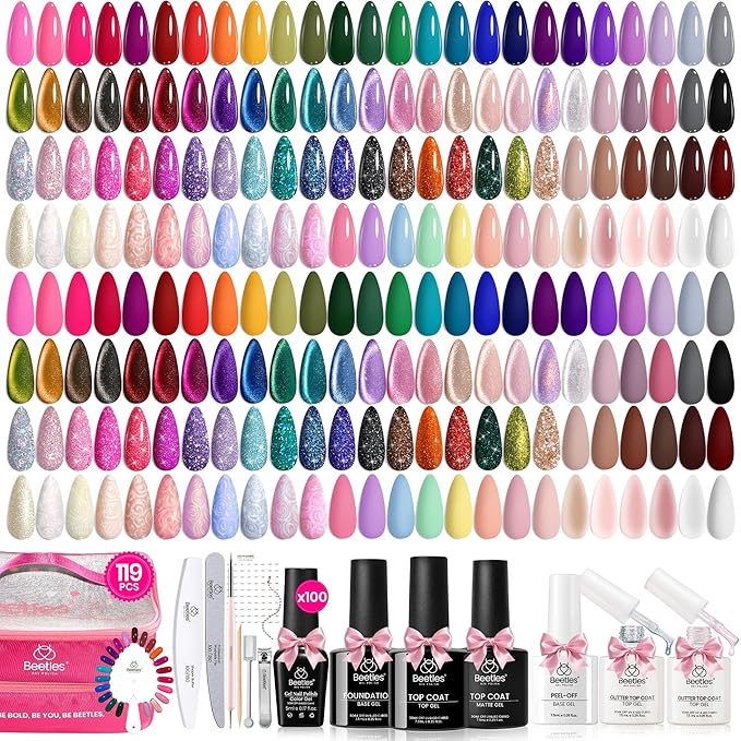 Beetles Gel Nail Polish Gift Set– Christmas Kaleidoscope 100 Vibrant Colors with Base & Top Coats Glitter Matte Glossy Finishes Cat Eye Pearl Nail Polish Nail Art Gift for Women Salon Home DIY Use