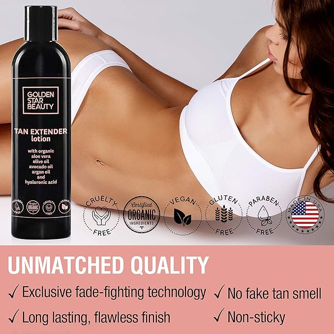 Tan Extender Daily Moisturizer - Best After Tanning Lotion w/Organic Oils and Hyaluronic Acid to Extend Your Tan from Sunless Tanner, Spray Tan, Sun or Tanning Bed 8.0 fl.oz.- Booklet included