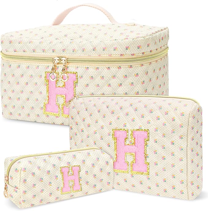 3 PCS Travel Makeup Bag Set, A–Z Initials Cotton Quilted Cosmetic Bag for Women & Preppy, Personalized Toiletry Bag Travel Accessories Makeup Brushes Organizer, Valentine’s Day & Birthday Gift for Her