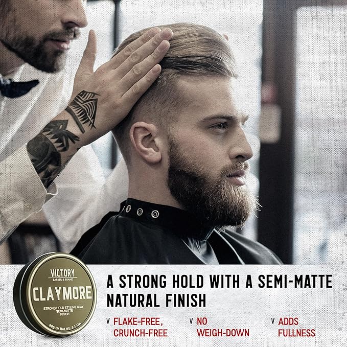 Victory Barber & Brand Claymore hair pomade for men | Strong Hold Matte Finish Men's Clay Pomade | made in usa | Designed by barbers, made for the rugged | Texturizing & Styling Clay 3.1 Oz
