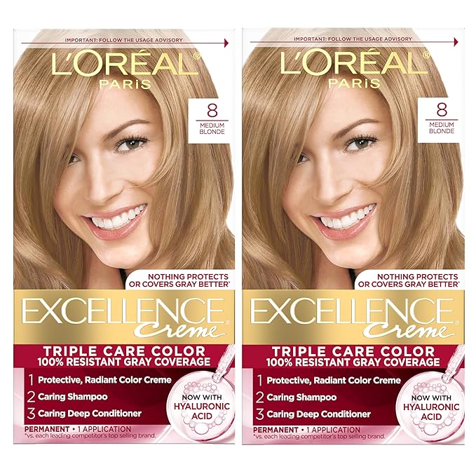 L'Oreal Paris Excellence Crème Permanent Hair Dye, Triple Care Hair Color with Pro-Keratine Complex for 100% Gray Hair Coverage, 8 Medium Blonde, 1 Kit (Pack of 2)