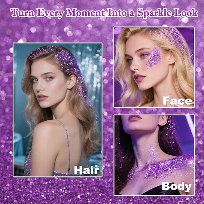 MEICOLY Light Purple Hair Glitter Stick for Women,Halloween Face Glitter Stick Spirit Week Wear,Women Costume Sparkle Chunky Glitter Makeup,Waterproof Body Glitter for Party Rave Festival