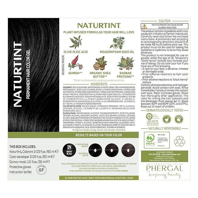 Naturtint 1N Ebony Black Permanent Hair Color (Pack of 1), Ammonia Free, Vegan, Cruelty Free, up to 100% Gray Coverage, Long Lasting Results (Packaging may vary)