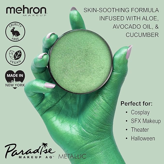 Mehron Paradise FX Metallics – Metallic Green 1.4 oz | Professional Water Activated Shimmering Metallic Paint for Raves, Costumes, Special Effects, Halloween, Stage, Screen, Theater & Cosplay FX