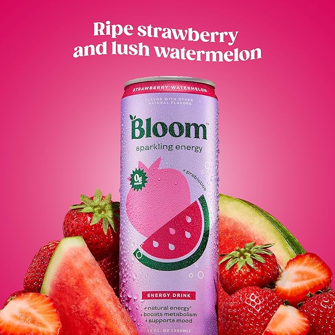 Bloom Nutrition Sparkling Energy Drink, Zero Sugar, 180mg Caffeine | Strawberry Watermelon | 12oz | 24 Pack | Antioxidant-Rich