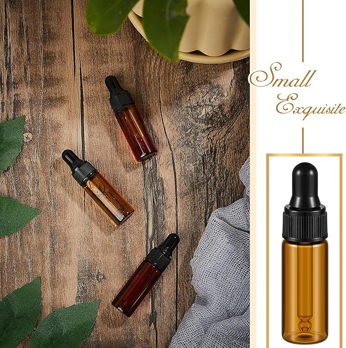 200 Pcs Mini Glass Oil Dropper Bottle Bulk, Clear Essential Small Empty Bottles Sample Containers Perfume Liquid Vials with Cap for Traveling (5 ml,Amber)