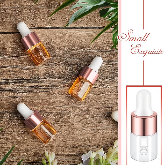 200 Pcs Mini Glass Oil Dropper Bottle Bulk, Clear Essential Small Empty Bottles Sample Containers Perfume Liquid Vials with Cap for Traveling (2 ml,Rose Gold)