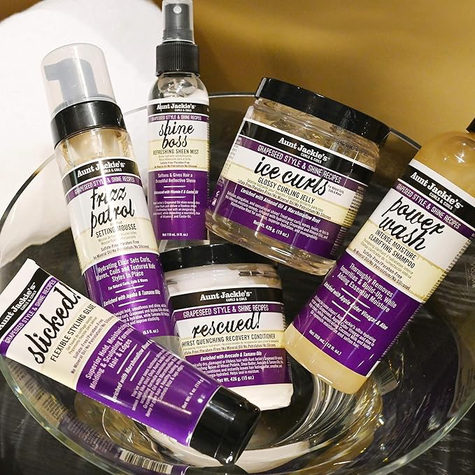 Aunt Jackie's Grapeseed Style and Shine Recipes Frizz Patrol Anti-Poof Setting Hair Mousse, Sets Curly Hair Styles in Place,Purple Fl.Oz 8.5 Ounce