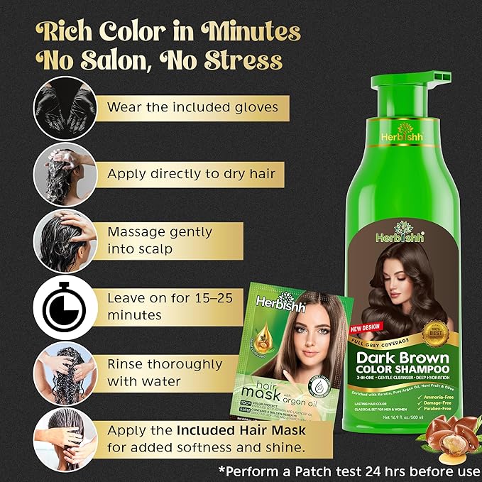 Herbishh Hair Color Shampoo - Magic Dye for Gray Hair, Lasting Color in Minutes - 500 Ml, 3-In-1, Ammonia-Free (Dark Brown)