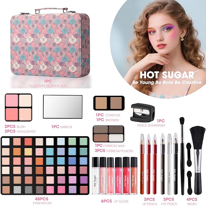Hot Sugar Makeup Kit for Teenager Girls 10-12, All in One Beginner Makeup Kit for Women Full Kit, Teen Cosmetic Gift Set on Birthday Christmas (Peacock)