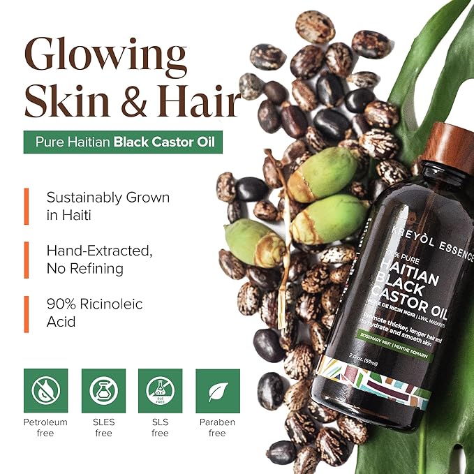 Kreyol Essence - Haitian Black Castor Oil for Skin and Hair, Glass Bottle - Cold Pressed Castor Oil, Fuller-Looking Hair, Hexane Free, Natural Humectant | 2 fl oz | Rosemary Peppermint