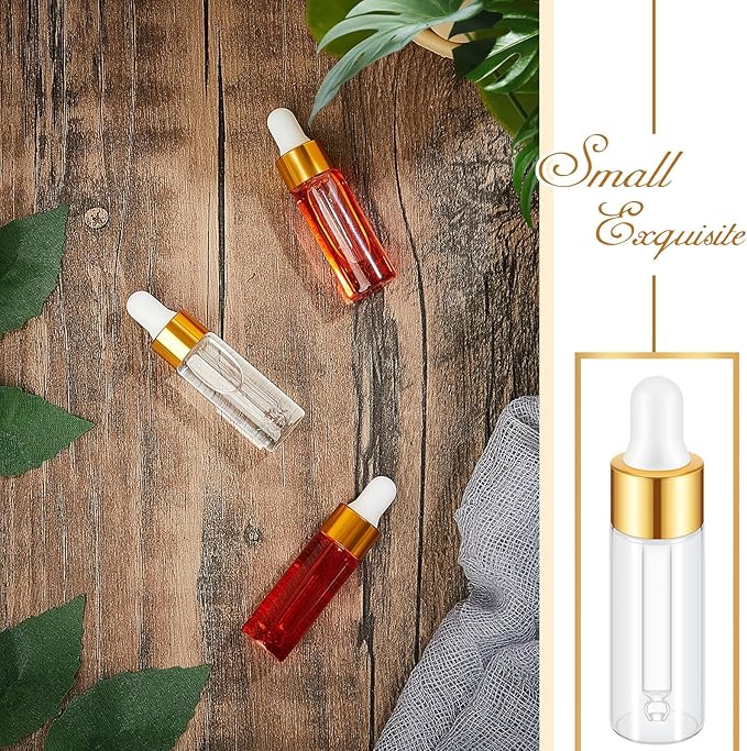 200 Pcs Mini Glass Oil Dropper Bottle Bulk, Clear Essential Small Empty Bottles Sample Containers Perfume Liquid Vials with Cap for Traveling (5 ml,Gold)