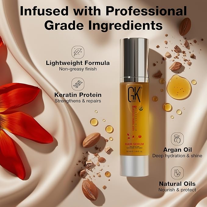 GK HAIR Oil - Argan Oil Heat Protectant Serum - Lightweight Hair Serum - Perfect For Keratin, Frizzy, Curly, Dry & Damaged Adds Shine and Smooths - Paraben, Phthalate and Sulfate Free 1.69 Oz