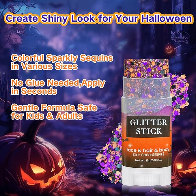 MEICOLY Black Purple and Orange Face Glitter Stick,Halloween Hair Glitter Stick for Women,Sparkle Chunky Body Glitter Makeup for Party Festival
