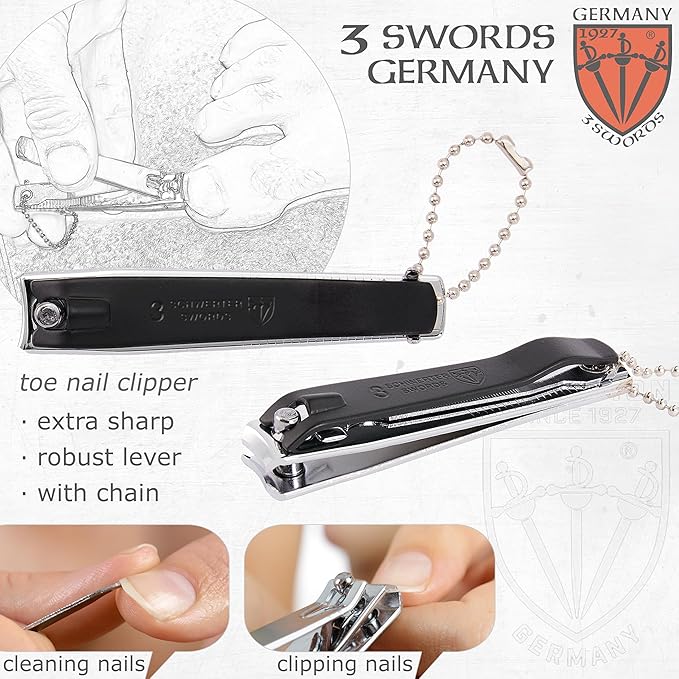3 Swords Germany – Brand Quality fingernail & toenail Clipper, Manicure, Pedicure Nail Care by with Metal Nail File and case, Black Edition