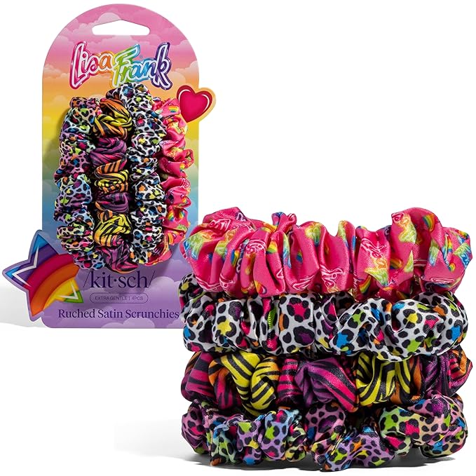 Lisa Frank x Kitsch Ruched Satin Scrunchies for Women - Softer Than Silk Scrunchies | Hair Ties No Damage for Frizz-Free Sleep | Ideal Gifts for Women - Rainbow Leopard 4 pcs
