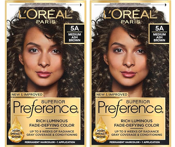 L'Oreal Paris Superior Preference Luminous Fade-Defying Permanent Hair Color, Hair Dye For Up to 9 Weeks of Radiance, Medium Ash Brown 5A, 1 Hair Dye Kit (Pack of 2)