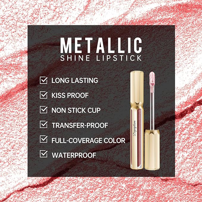 Nude Pink Lipsticks for Women Metallic Lipstick Long Lasting Non Stick Cup Lip Gloss, Shimmer Lightweight Hydrating Full Coverage Lip Color, DP106 Prose