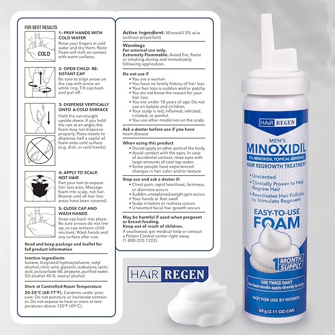 Minoxidil Foam for Men 5% Percent - Men's Hair Growth Treatment for Him- Topical Foaming Minoxidil for Men- Great for Hair Regrowth and Reduce Hair Loss - 6 Pack as 6 Months Supply