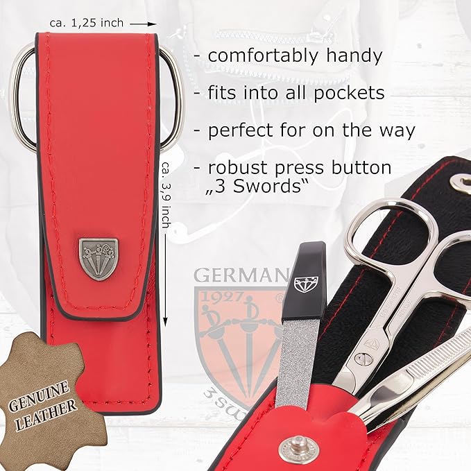 3 Swords Germany - brand quality 3 piece manicure pedicure grooming kit set for professional finger & toe nail care scissors file genuine leather case in gift box, Made in Solingen Germany (03737)