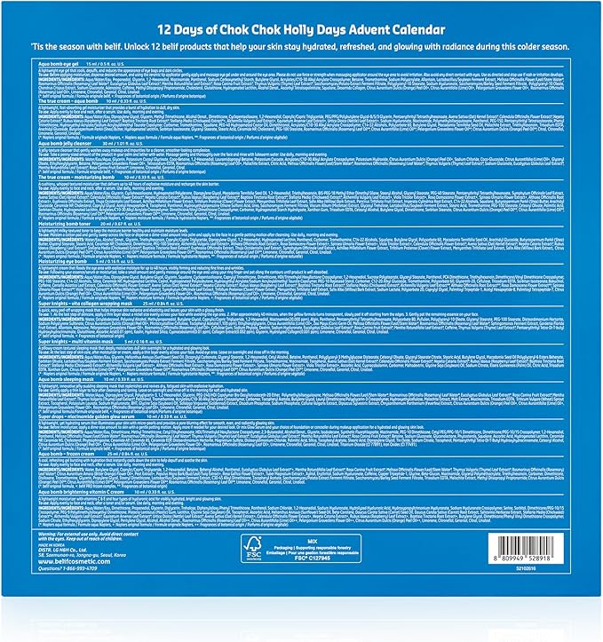 belif Chok Chok Holly Day Skincare Gift Set Advent Calendar 2025 – 12 Days of Glass Skin K-Beauty Skincare, Aqua Bomb Daily Moisturizer, Cooling Eye Gel, Holiday Gift set, Gift for her, Korean Skincare, Christmas Stocking Stuffers