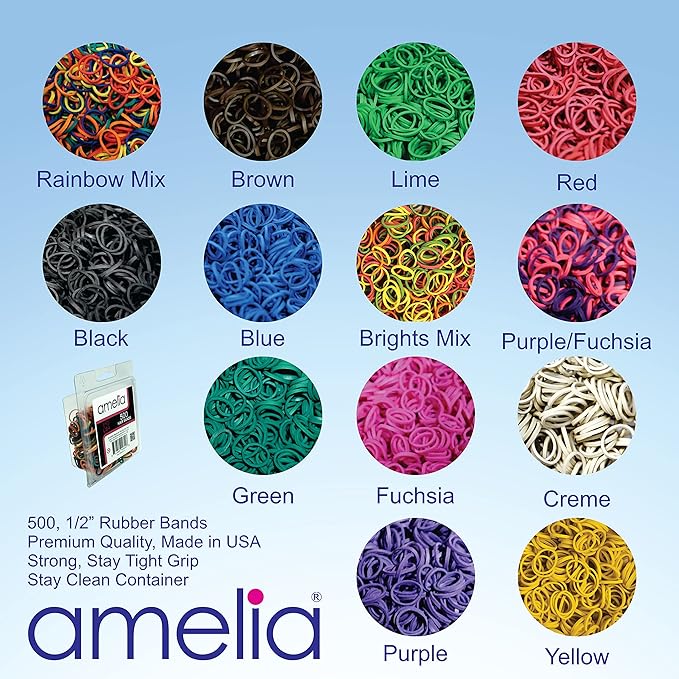 Amelia | 500, 1/2in, Brights Neon Mix, Elastic Rubber Band Pony Tail Holders | Made in USA | Hair Ties for Ponytails, Braids, Twists, Dreadlocks | Styling Accessories for Women, Men and Girls