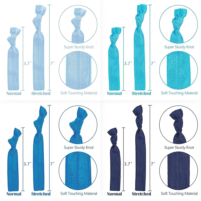 MEEDEE Ombre Blue Hair Accessories - 100 Pack Soft Ribbon Knotted Hair Ties for Women, No Crease, No Damage, Ouchless, Ideal for Ponytails, Yoga, and Bracelets