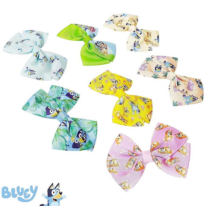 Bluey Kids Hair Bows - Hair Accessories Gift Set - Bluey Hair Bow - 7 Pcs 4 Inch Bow Bundle - HairBows for Girls - Different Bluey print on each clip - Alligator Clip - Ages 3 +