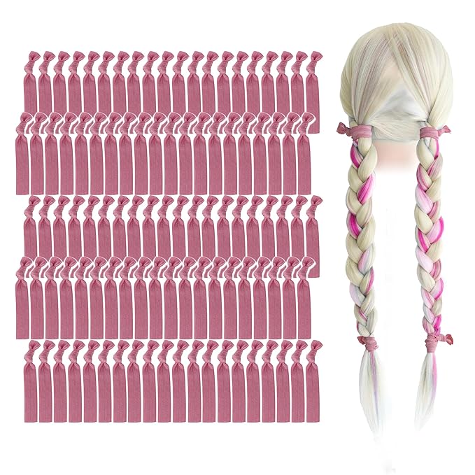 MEEDEE 100 Pack Rosy Mauve Color Hair Ties For Women No Crease Soft Elastic Ribbon No Damage Pink Hair Ties Knotted Ouchless Hair Ribbon Yoga Hair Ribbons Elastic Bracelets