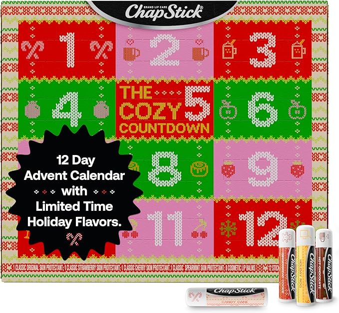 ChapStick Advent Calendar 2025 – Cozy Countdown to Christmas, Variety 12-Pack Lip Balm Gift Set, Holiday Gifts for Women, Men, Teens, Coworkers, Grandpa & Grandma Gifts, 0.15 Oz Ea